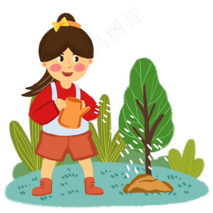 植树节女孩为树浇水手绘人物PNG