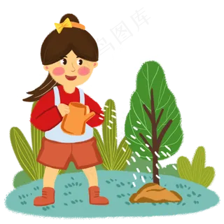 植树节女孩为树浇水手绘人物PNG
