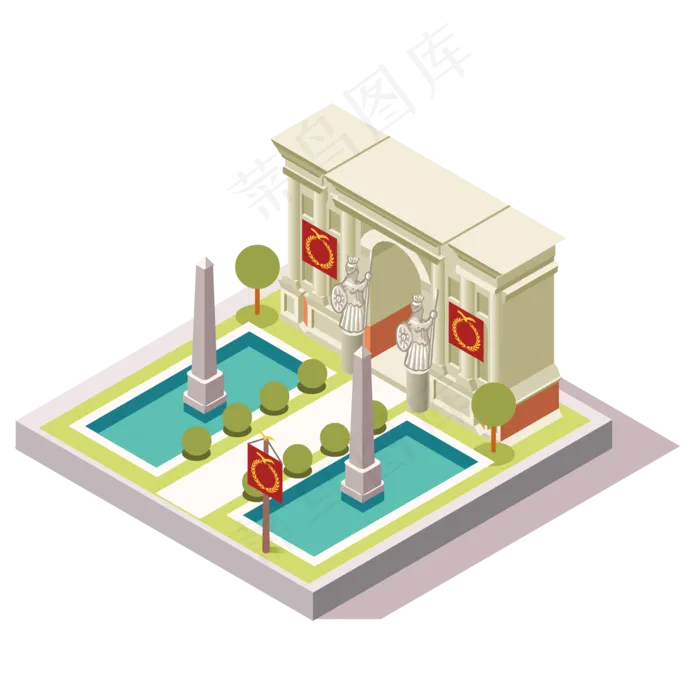 2.5伪3d豪华别墅扁平化配色明亮,免抠元素(2000*2000px 300 dpi )ai矢量模版下载