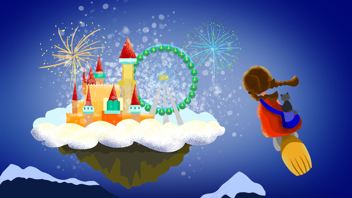 城堡游乐园小魔女手绘插画