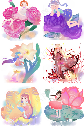 梦幻风中国风水彩女孩儿和花儿