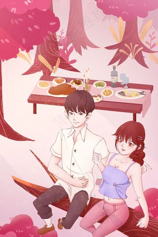 紫色粉色七夕爱情森林郊游可爱甜蜜情侣