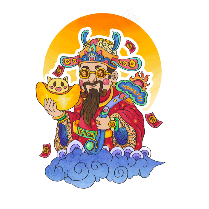 春节传统元宝潮牌招财神仙如意PNG,免抠元素(3000*3000px)psd模版下载