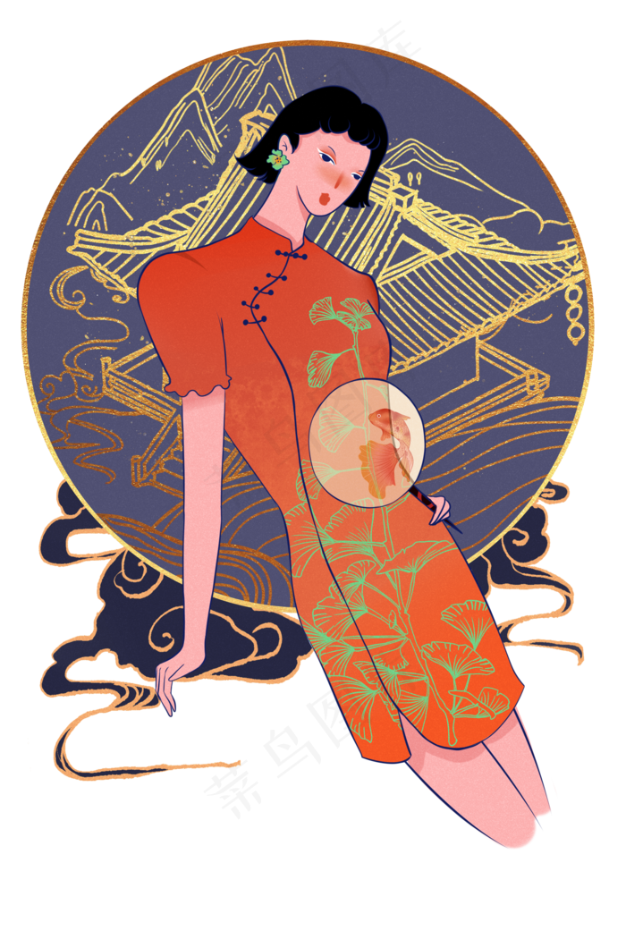 国潮旗袍少女,免抠元素(2000*3000px 300 dpi )psd模版下载