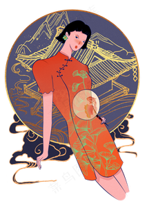 国潮旗袍少女,免抠元素