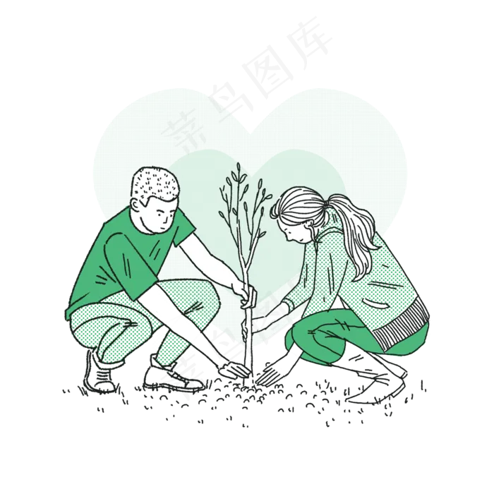 植树节情侣挖坑种树绿色系,免抠元素