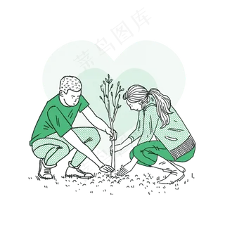 植树节情侣挖坑种树绿色系,免抠元素