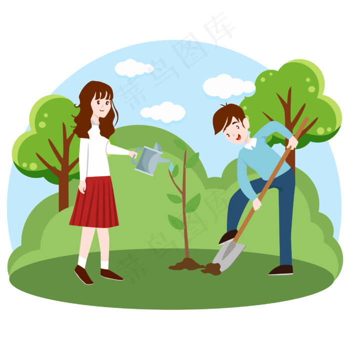 2019年植树节男孩女孩种树矢量图,免抠元素