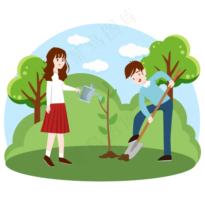 2019年植树节男孩女孩种树矢量图,免抠元素