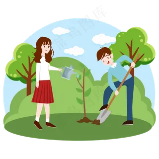 2019年植树节男孩女孩种树矢量图,免抠元素