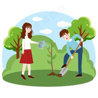 2019年植树节男孩女孩种树矢量图,免抠元素
