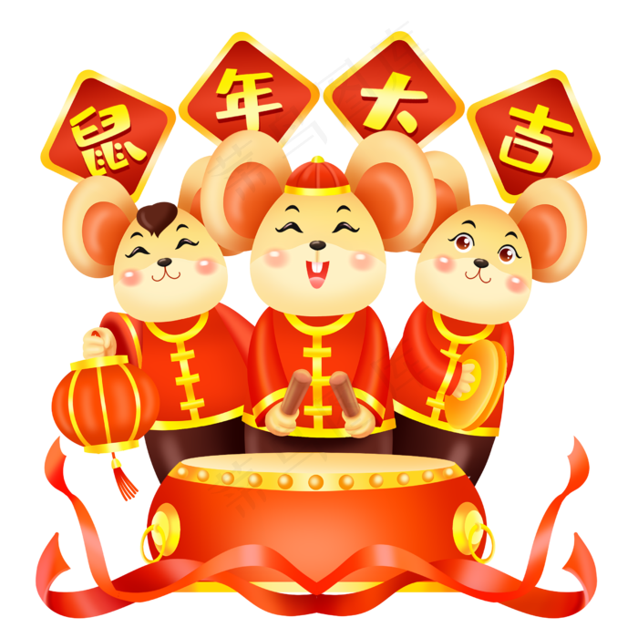 鼠年敲鼓的老鼠形象,免抠元素(2500X2500(DPI:300))psd模版下载