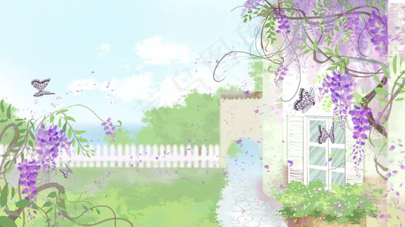 小清新的紫藤花开满庭院