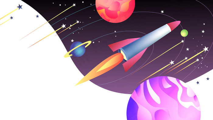 紫色系扁平科技宇宙火箭流星配图