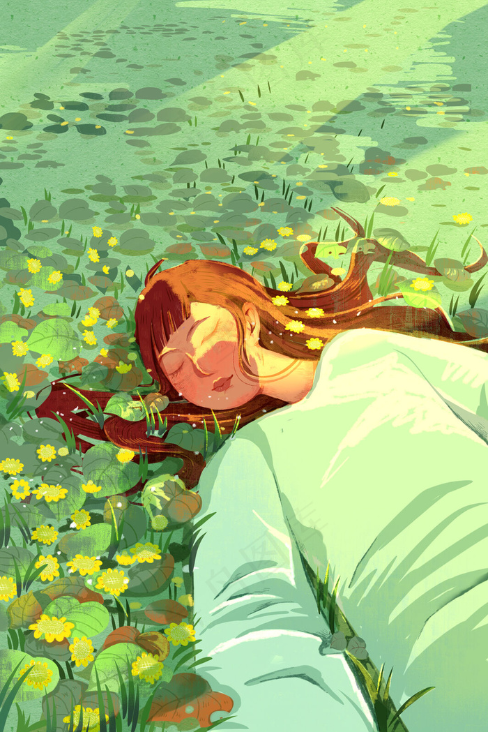 文艺绿色春分踏春主题插画