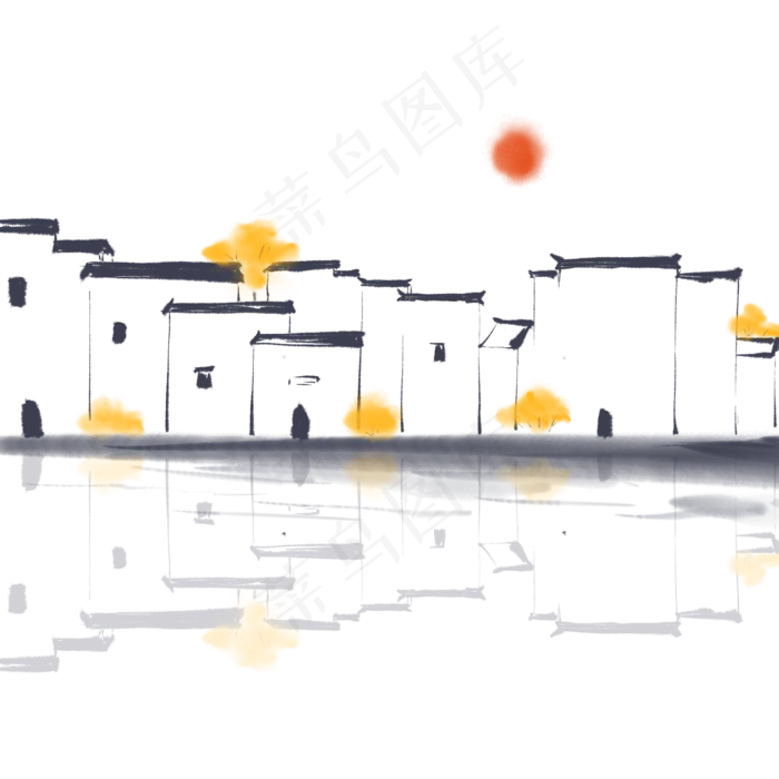 水墨画徽派建筑房子,免抠元素(2000*2000px 300 dpi )psd模版下载