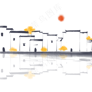 水墨画徽派建筑房子,免抠元素