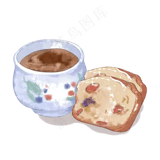 下午茶面包奶茶水彩