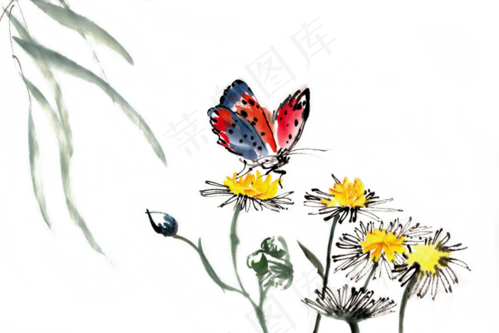 蝴蝶小黄花水墨画PNG免抠素材(7087*4724px 300 dpi )psd模版下载