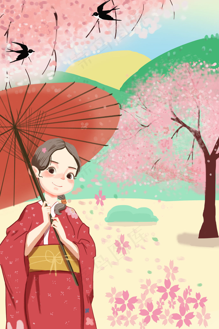 春天春日少女赏樱花古风人物卡通插画