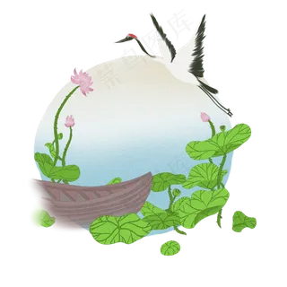 仙鹤池塘船古风