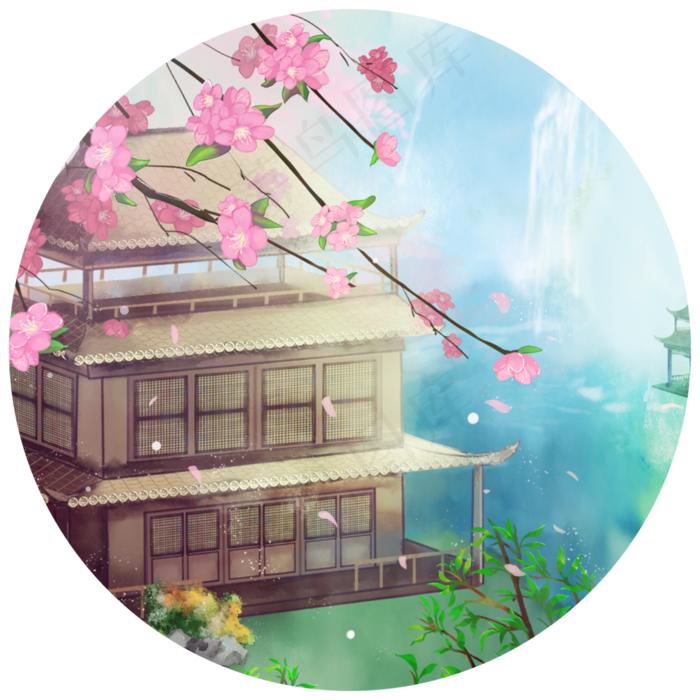 山宇重楼瀑布花树