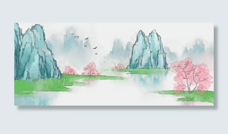 水墨山水画春满江岸中国PNG素材,免抠元素(1920*800px 300 dpi )psd模版下载