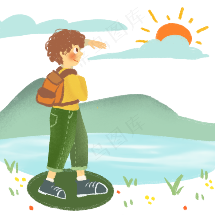 春分看日出的小男孩,免抠元素