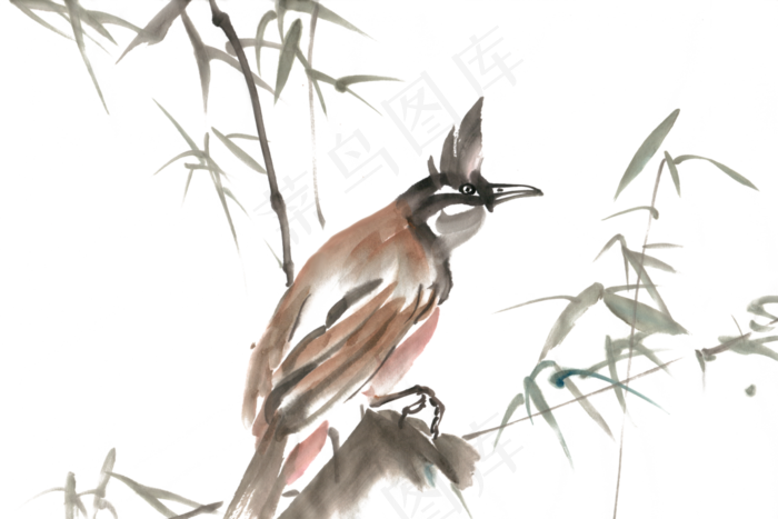 竹林的鸟水墨画PNG免抠素材(7087*4724px 300 dpi )psd模版下载