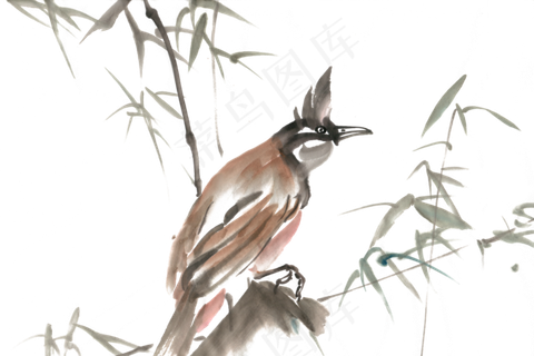 竹林的鸟水墨画PNG免抠素材