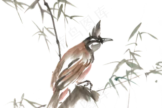 竹林的鸟水墨画PNG免抠素材
