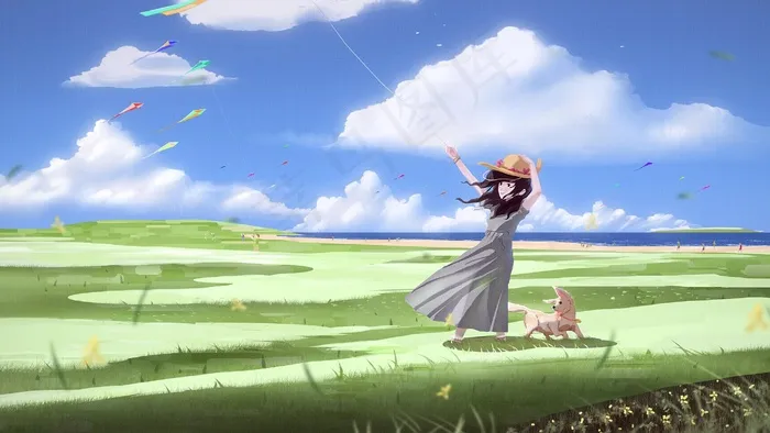 海边放风筝的女孩