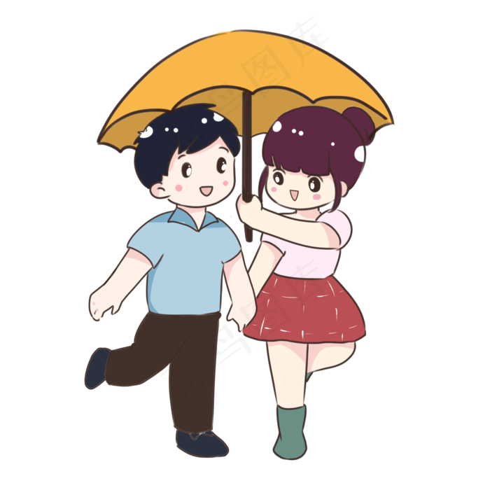 手绘卡通打伞的情侣