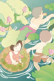 夏天你好荷花池塘女孩男孩采莲戏水游泳 夏天你好荷花池塘女孩男孩采莲戏水游泳