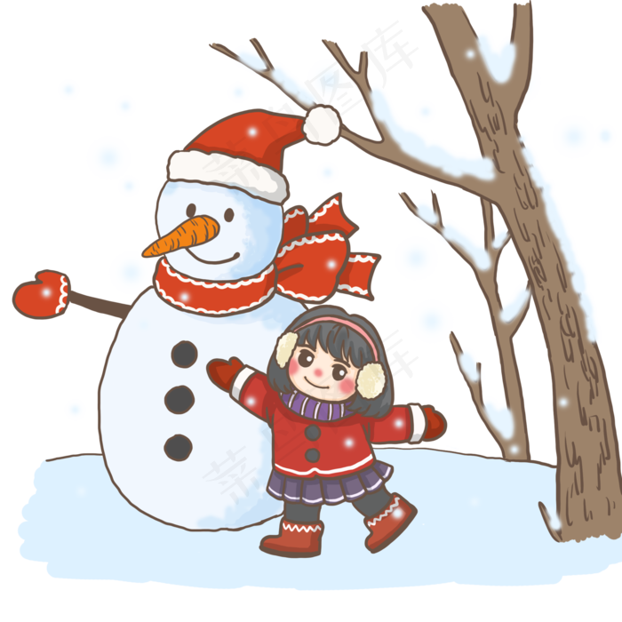 小雪人和女孩PNG,免抠元素(2000*2000px 300 dpi )psd模版下载