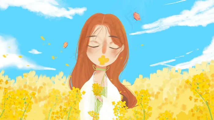 站在油菜花感受春天的到来的女孩