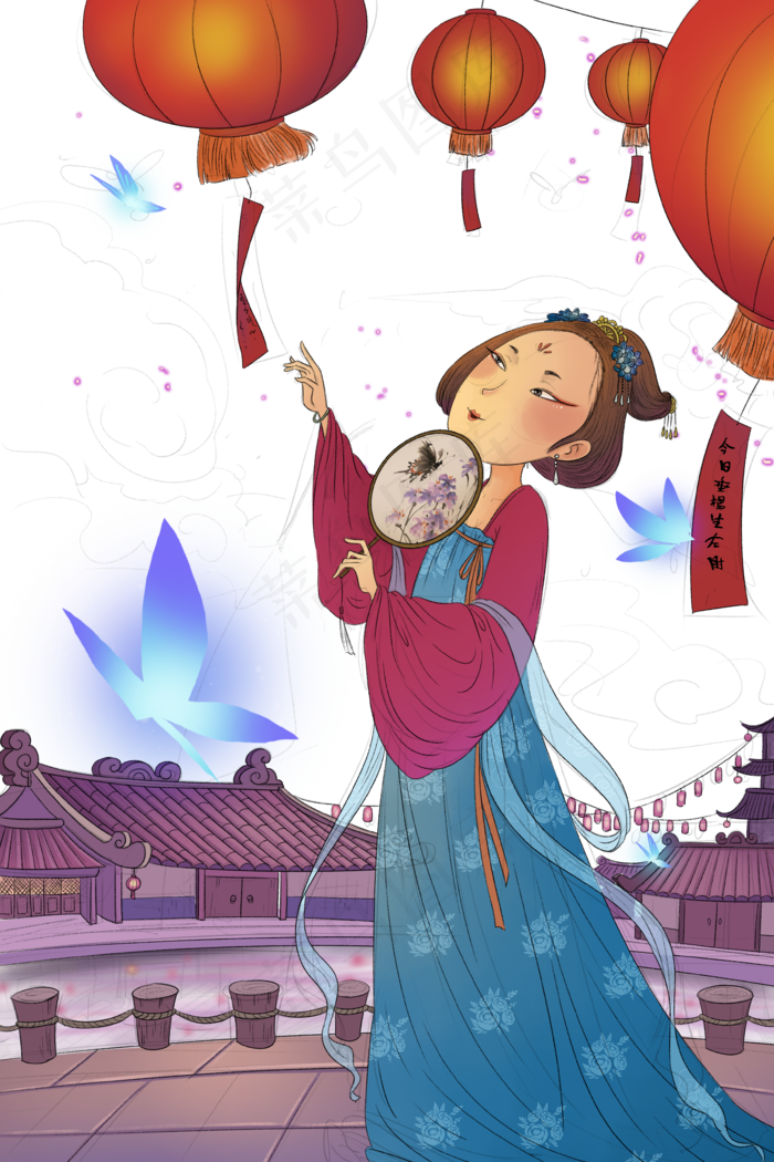 手绘卡通元宵唐代美女元素,免抠元素(3545X5315(DPI:300))psd模版下载