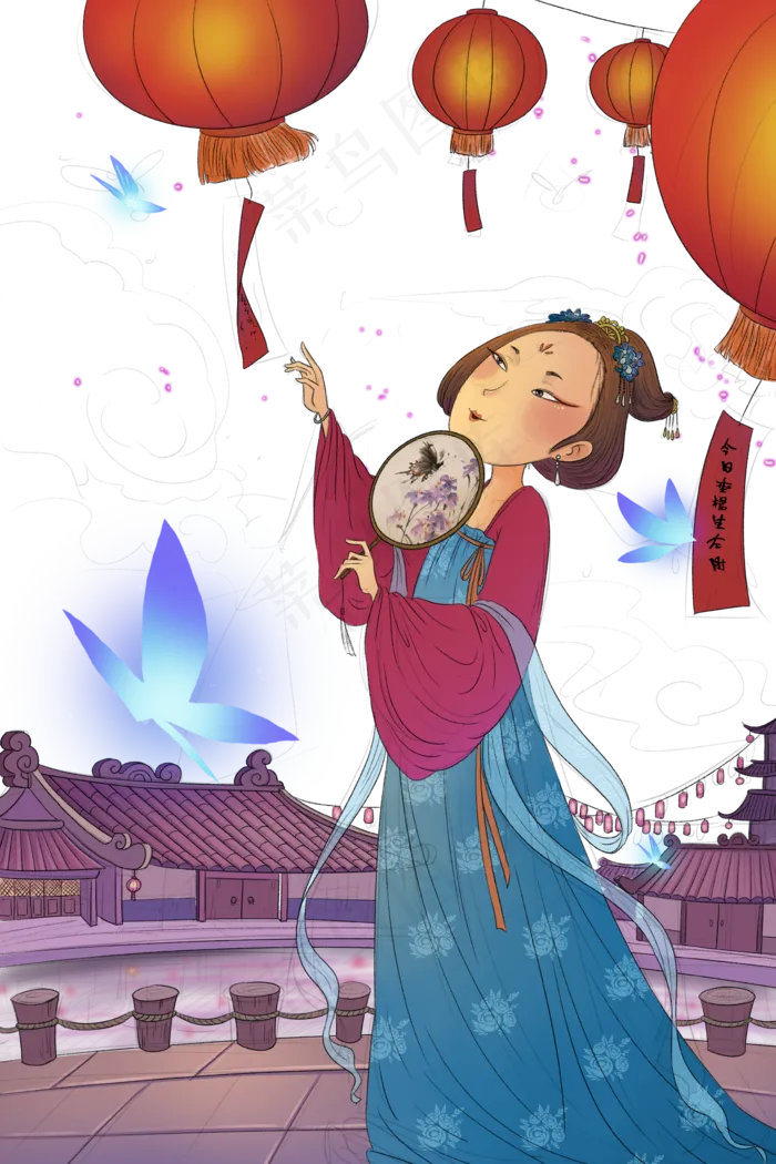 手绘卡通元宵唐代美女元素,免抠元素(3545X5315(DPI:300))psd模版下载