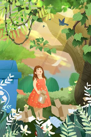 唯美治愈清新环境天空夏至少女大树环保