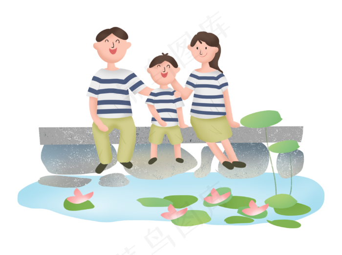 全家人旅行旅游游玩出游池塘