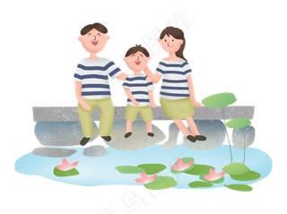 全家人旅行旅游游玩出游池塘