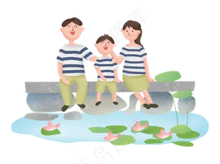 全家人旅行旅游游玩出游池塘