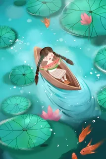 绿色系卡通手绘风立夏夏景荷塘小船配图 绿色系卡通手绘风立夏夏景荷塘小船配图