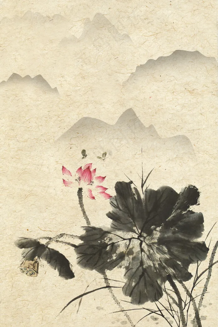 复古水墨荷花工笔画平面素材(3300*4950px 	      )psd模版下载