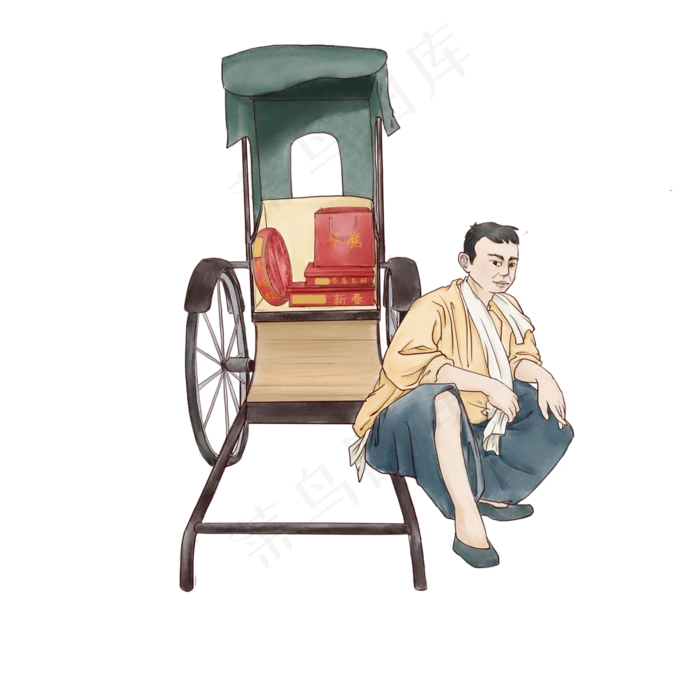 年代复古小人车夫黄包车劳力年货,免抠元素(4000X4000(DPI:300))psd模版下载