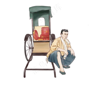 年代复古小人车夫黄包车劳力年货,免抠元素