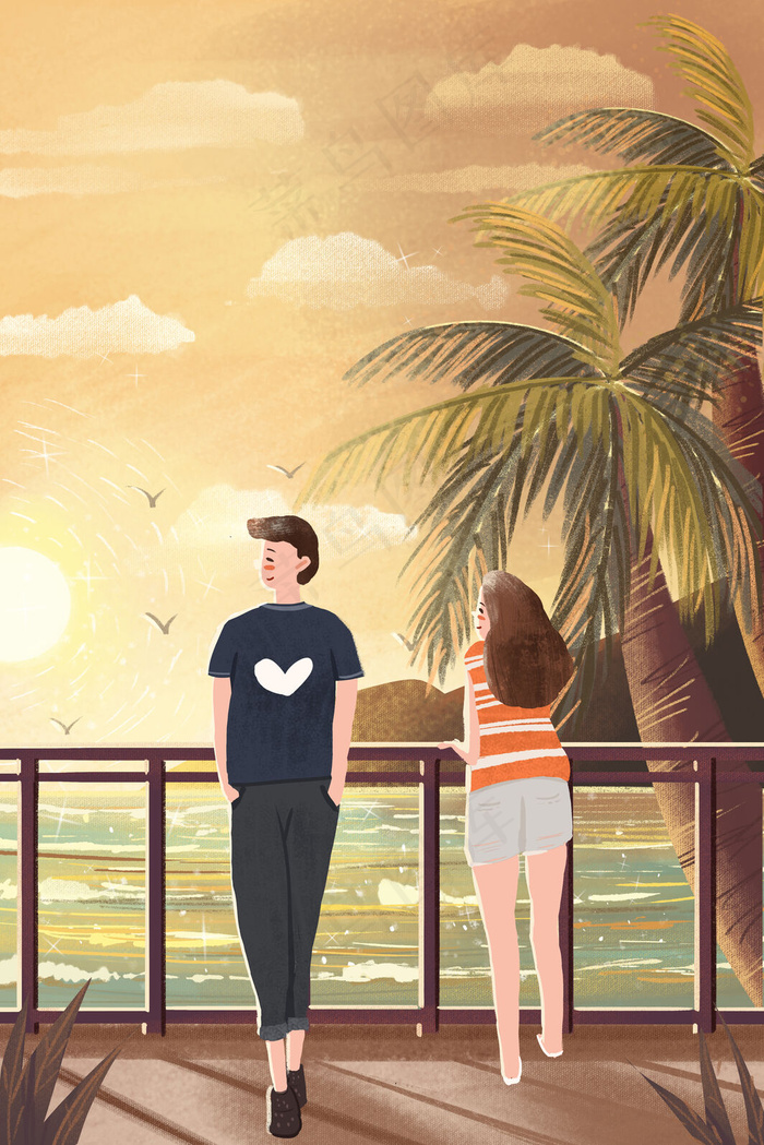 情侣在海边看夕阳浪漫唯美治愈系