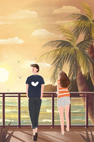 情侣在海边看夕阳浪漫唯美治愈系