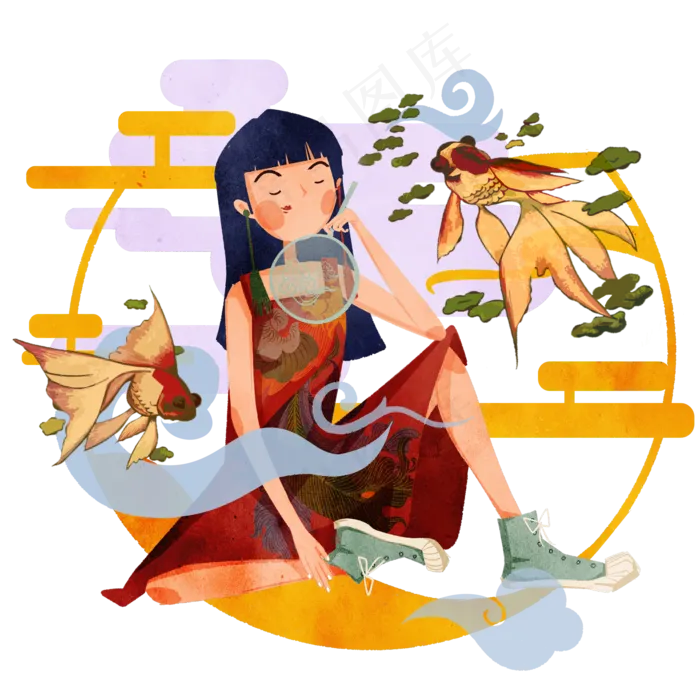 国潮可爱少女旗袍金鱼,免抠元素(3500X3500(DPI:300))psd模版下载