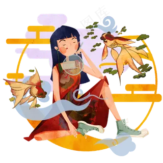 国潮可爱少女旗袍金鱼,免抠元素